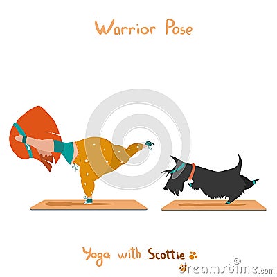 Cute little girl and her dog scottie doing yoga Stock Photo