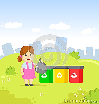 Cute little girl holding garbage plastic bag standing near containers with different types of recycling waste. Segregate Vector Illustration