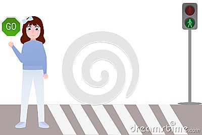 Cute little girl holding go sign in hand, pedestrian rules for kids in cartoon style, vector graphics Vector Illustration