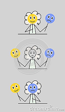 my mood today, cute little girl holding a happy face mask and unhappy face mask, emoji, mood masks sketch, doodle vector Vector Illustration