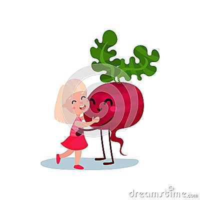 Cute little girl hugging giant smiling beetroot vegetable character, best friends, healthy food for kids cartoon vector Vector Illustration