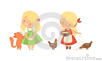 Cute Little Girl Interacting with Animal in Petting Zoo Vector Set Vector Illustration
