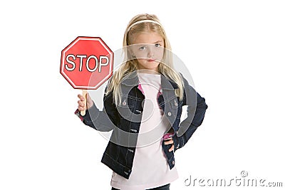 Cute little girl isolated, holding a stop sign Stock Photo