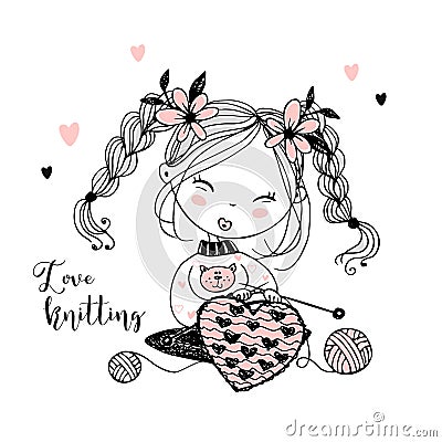 A cute little girl knits a woolen heart on her knitting needles. Vector Stock Photo