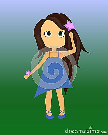 Cute little girl with lavender flower wearing a blue summer dress and blue shoes Vector Illustration