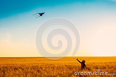 Cute little girl with long hair running with kite in the field on summer sunny day Stock Photo