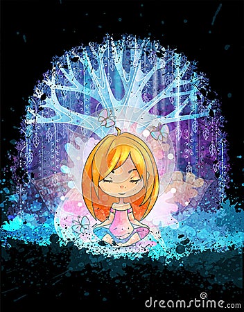 Cute little girl meditating in front of magic surreal tree. Grunge vector illustration. Vector Illustration