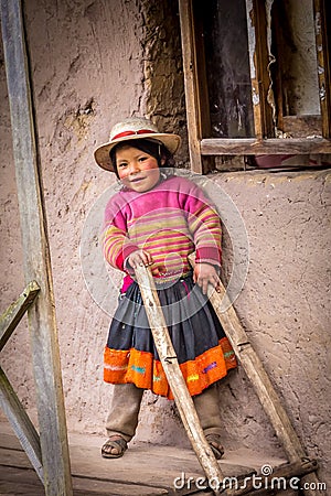 Wakawasi, Peru - Cute Little Girl outside her House in the Village of Wakawasi Editorial Stock Photo