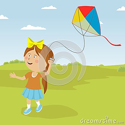 Cute little girl playing with colorful kite outdoor Vector Illustration