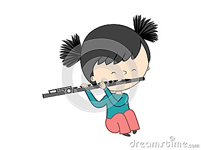 Cute little girl playing flute isolated on white background Vector Illustration