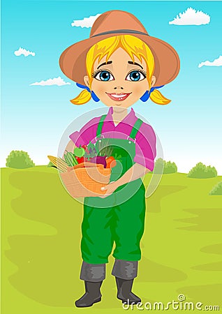 Cute little girl playing gardener with basket full of fresh vegetables Vector Illustration