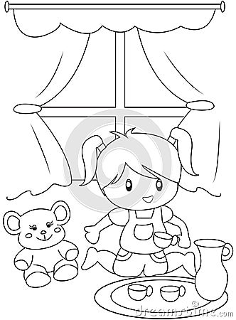 Cute little girl playing indoors coloring page Stock Photo