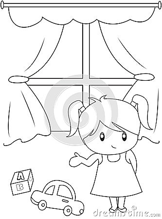 Cute little girl playing indoors coloring page Stock Photo