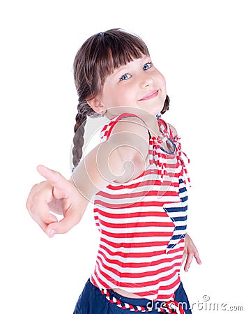 Cute little girl point her finger at someone Stock Photo