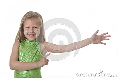 Cute little girl pointing her arm in body parts learning school chart serie Stock Photo