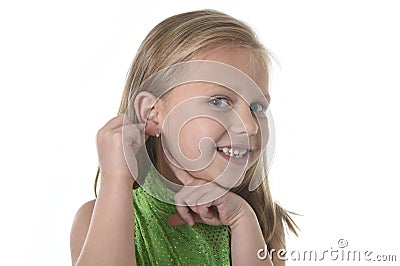 Cute little girl pointing her ear in body parts learning school chart serie Stock Photo