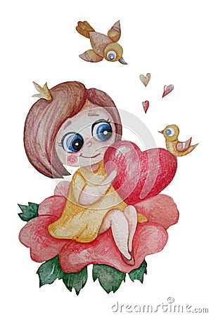 A cute little girl princess with a crown sits on a pink flower with a big heart and a bird in her hands on a white Stock Photo