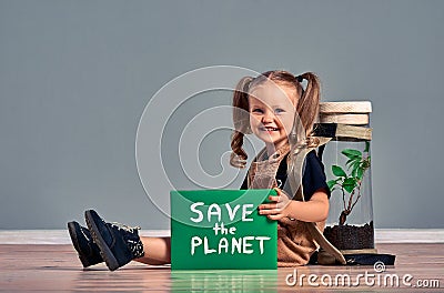 Cute little girl protect world. Save the earth concept Stock Photo