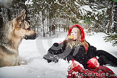 Cute little girl in red cap or hat and black coat with basket of green fir branches treats with a pie of big dog Stock Photo