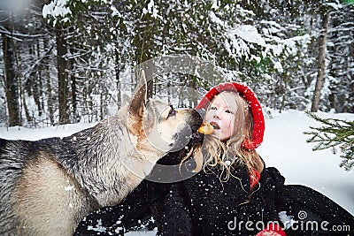 Cute little girl in red cap or hat and black coat with basket of green fir branches treats with a pie of big dog Stock Photo