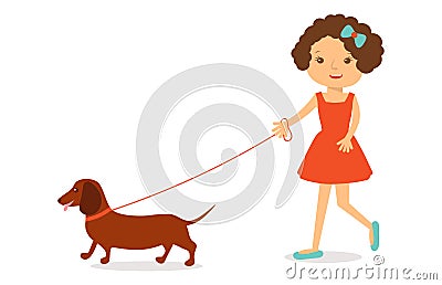Cute little girl in red dress with curly hair dachshund dog. Stock Photo