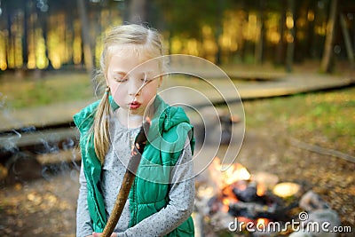 Cute little girl roasting marshmallows on stick at bonfire. Child having fun at camp fire. Camping with children in fall forest. Stock Photo