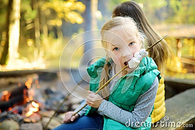 Cute little girl roasting marshmallows on stick at bonfire. Child having fun at camp fire. Camping with children in fall forest. Stock Photo