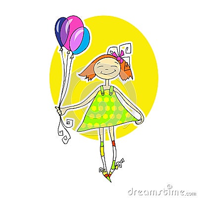 Cute little girl running with balloons Vector Illustration