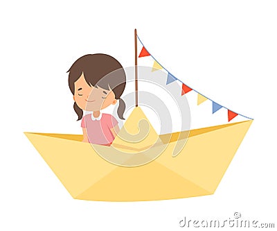 Cute Little Girl Sailing on an Yellow Paper Boat with Colorful Flags Vector Illustration Vector Illustration