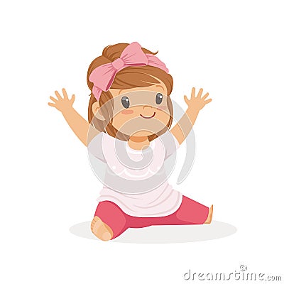 Cute little girl sitting dressed in casual clothes colorful cartoon character vector Illustration Vector Illustration