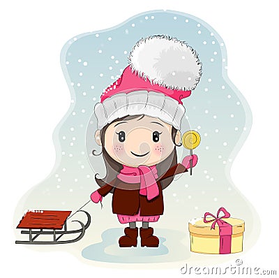 Cute little girl with sled standing near gift-box and eating candy Vector Illustration