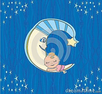 Cute little girl sleeping on moon Vector Illustration