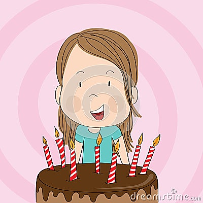 Cute little girl smiling happily, celebrating birthday, b-day chocolate cake with seven candles in front of her Vector Illustration