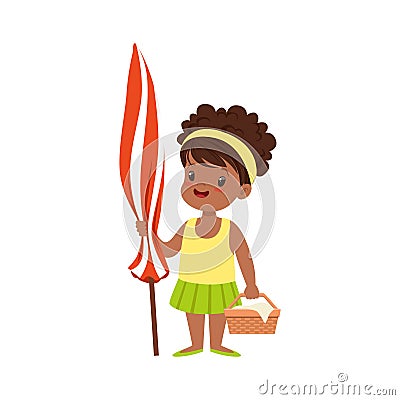 Cute little girl standing with beach umbrella and basket, kid playing at the beach, happy infants outdoor activity on Vector Illustration
