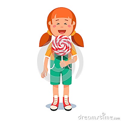 Cute little girl standing with big swirly lollipop Vector Illustration