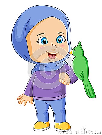 The cute little girl is standing and the parrot is perching on the hand Vector Illustration