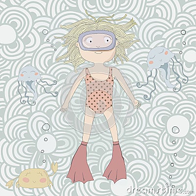 Cute little girl swimming with jellyfish and crab. Vector Illustration