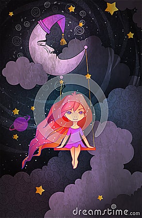 Cute little girl swinging on a crescent in front of night sky. Insomnia concept. Vector Illustration