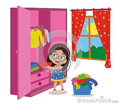 Cute little girl tidying her room straightening her clothes Vector Illustration