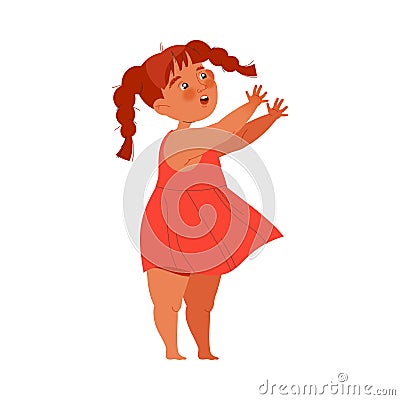 Cute Little Girl Toddler in Red Dress with Braids Standing and Reaching Out Hands Vector Illustration Vector Illustration