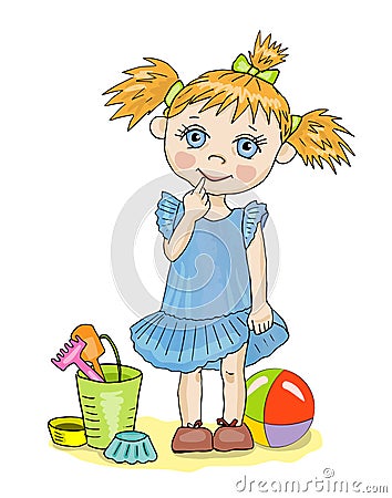 Cute little girl with toys, dressed in blue, stands putting a finger in her mouth. Vector cartoon Vector Illustration