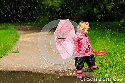 Cute little girl with umbrella in raincoat and boots Stock Photo