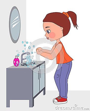 Cute little girl washing her hands in the sink , hygiene , healthy life , healthy , liquid soap , water , child , girl child , Cartoon Illustration