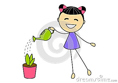 Cute little girl watering plant Vector Illustration