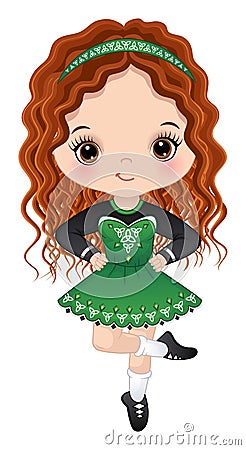 Vector Girl Dancing Irish Dance in Celtic Dress Vector Illustration