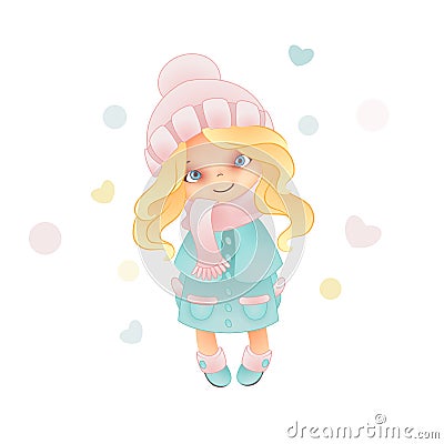 Cute little girl wearing winter outfit knitted hat and scarf Vector Illustration