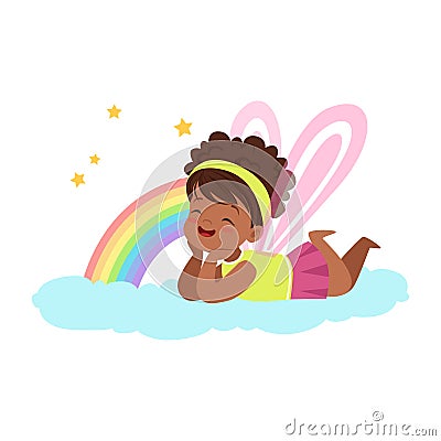 Cute little girl with wings lying on her stomach on a cloud next to the rainbow and dreaming, kids imagination and Vector Illustration