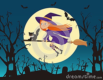 Cute little girl witch with a kitten flying on a broom Vector Illustration