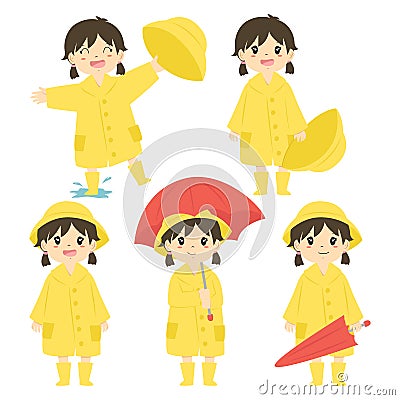 Cute Little Girl in Yellow Raincoat Vector Set Vector Illustration