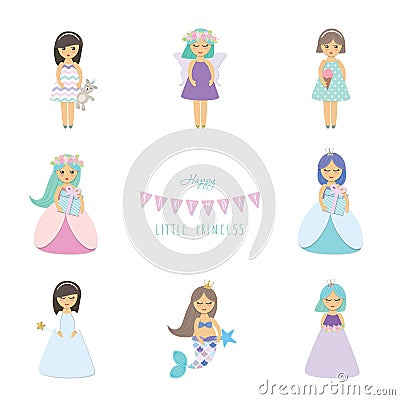 Cute little girls, princess, mermaid, angel, fairy cartoon characters set isolated on white. Stock Photo